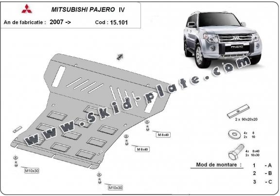 Steel skid plate for the protection of the engine and the radiator for Mitsubishi Pajero 4 (V80, V90)