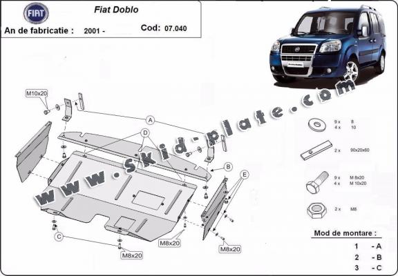 Steel skid plate for the protection of the engine and the gearbox for Fiat Doblo